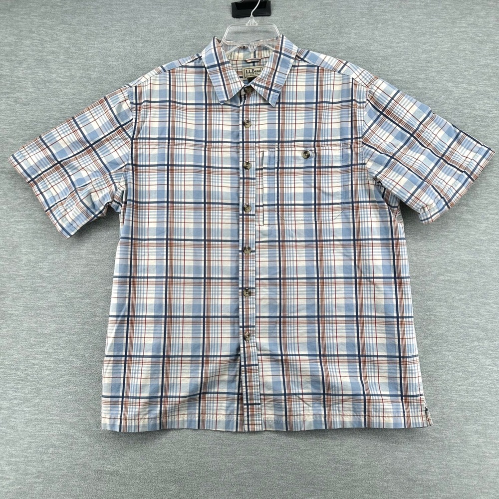 L.L. Bean Button Down Mens L Blue Plaid Short Sleeve Coolmax Performance Shirt